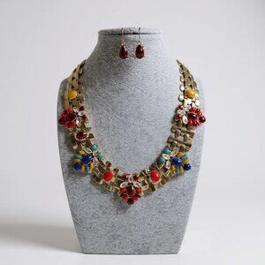 Multi colors lucite stud on gold tone watch band look necklace earring set